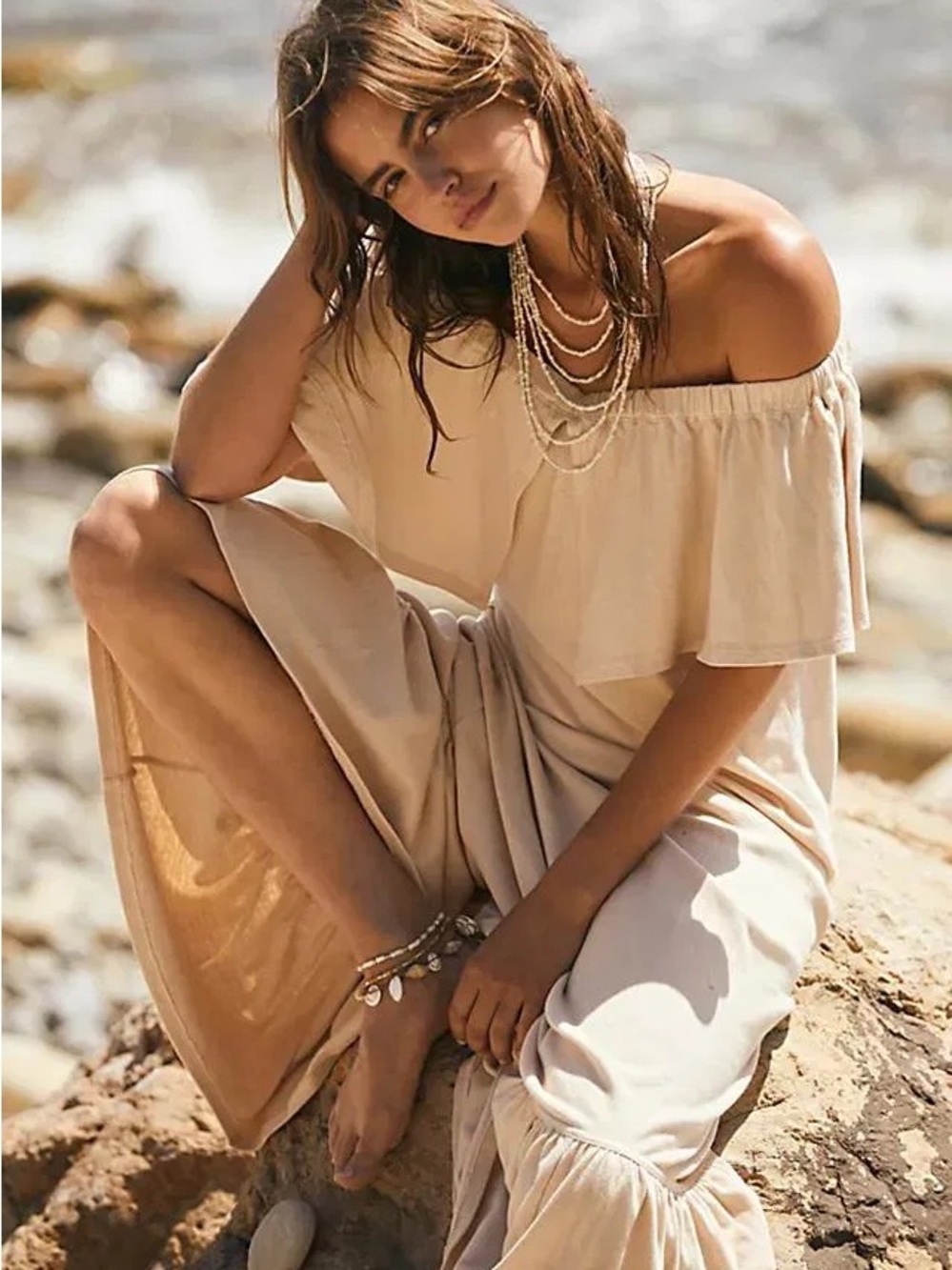 Off-Shoulder Flowy Maxi Dress in Nude